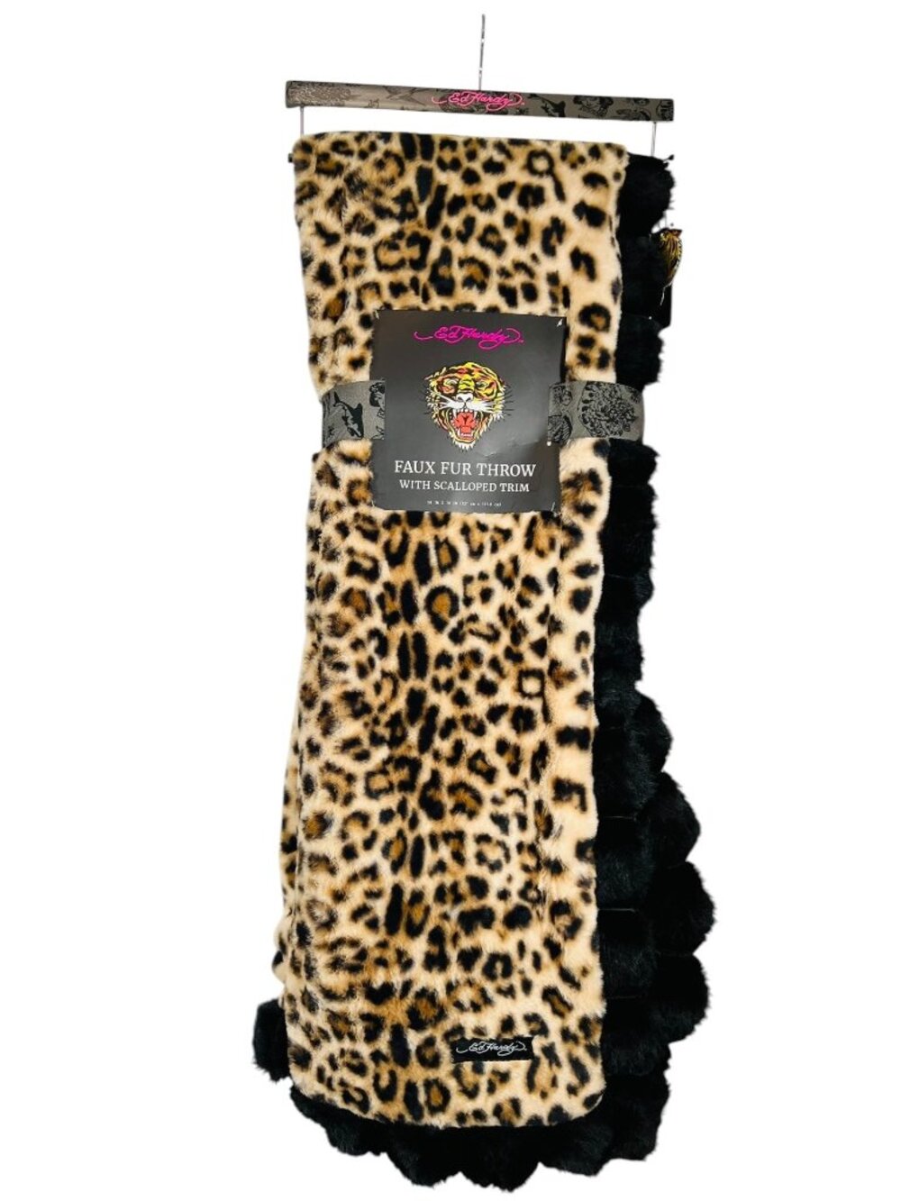 Ed Hardy Leopard Print Faux Fur Throw Blanket 50x70 NWT Plush Scalloped Trim